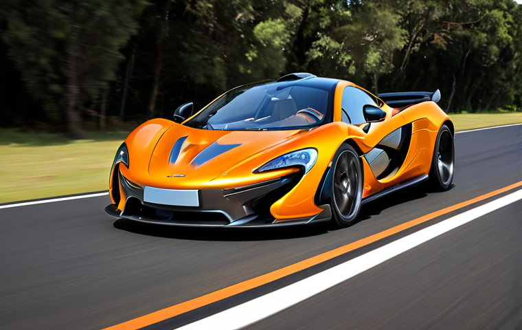 A McLaren P1 hypercar in motion, depicted with a powerful and dynamic aesthetic, showcasing its extreme speed on an open road or track. The car should appear futuristic and cutting-edge, with a subtle, ethereal energy glow around it, symbolizing its advanced hybrid technology and surprising eco-consciousness. The background should be blurred to convey motion, hinting at both exhilarating performance and a responsible future.