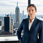 **

"A professional businesswoman in a tailored, fully clothed business suit, standing confidently in a modern office lobby with large windows overlooking a cityscape, appropriate attire, safe for work, perfect anatomy, natural proportions, professional photography, high quality, family-friendly."

**