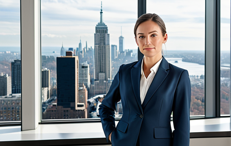 **

"A professional businesswoman in a tailored, fully clothed business suit, standing confidently in a modern office lobby with large windows overlooking a cityscape, appropriate attire, safe for work, perfect anatomy, natural proportions, professional photography, high quality, family-friendly."

**